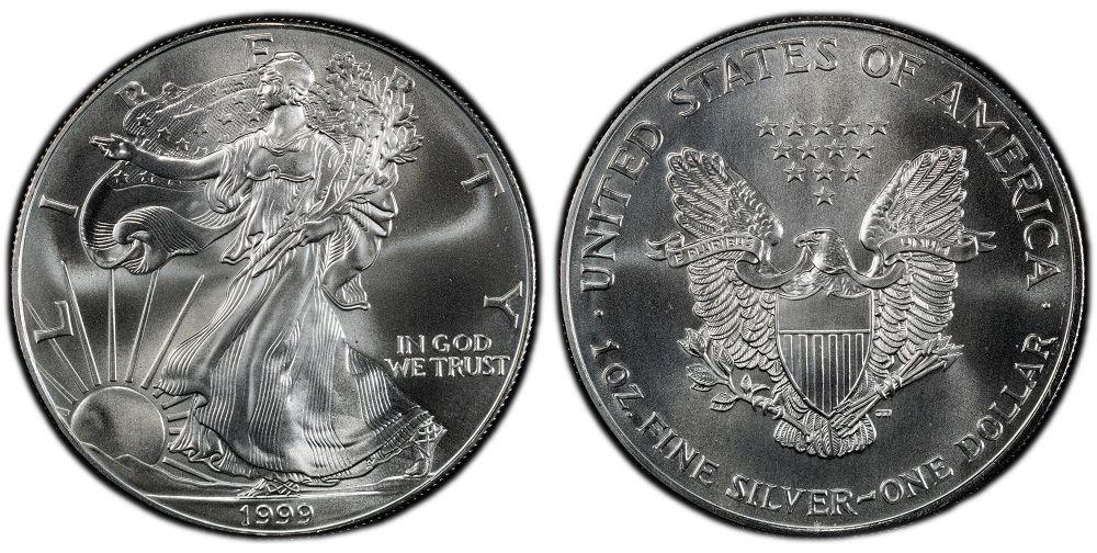 1999 American Silver Eagle dollar obverse showing Walking Liberty design