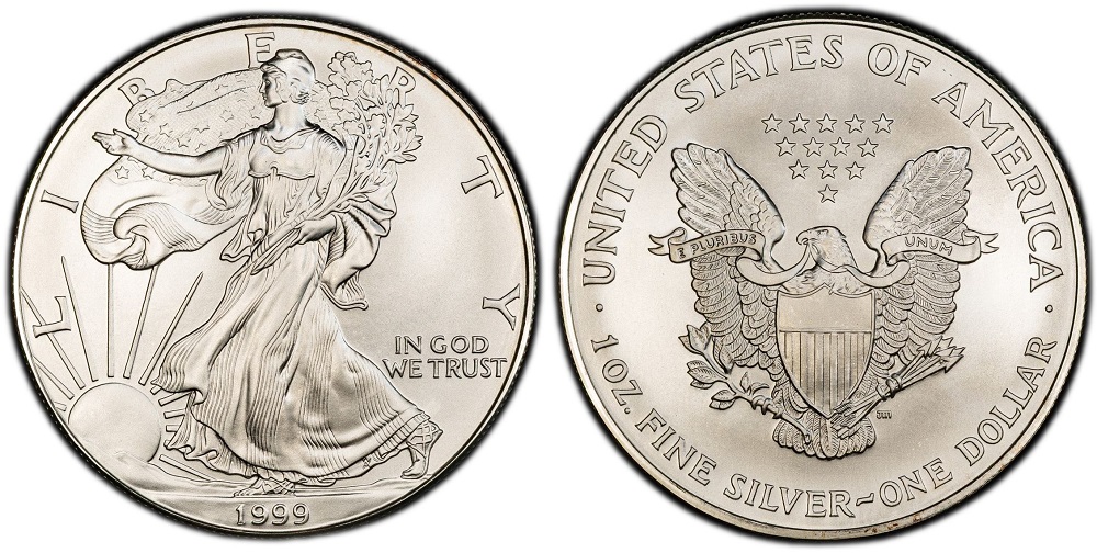 Comparison of 1999 Silver Eagle MS69 versus MS70 grade showing surface quality difference