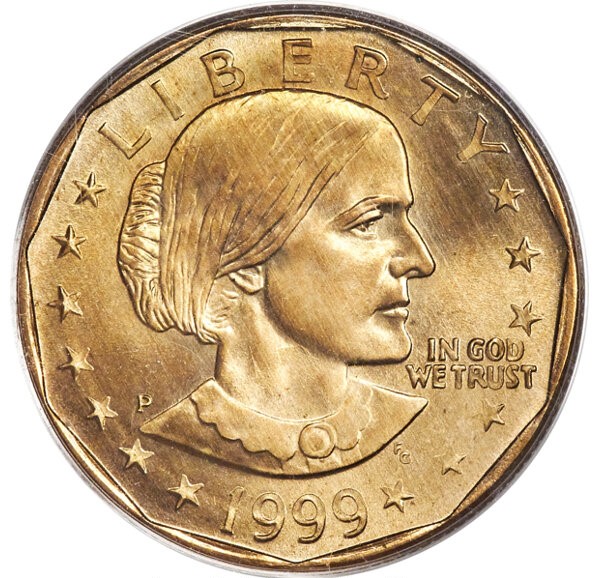 1999 SBA dollar struck on Sacagawea manganese-brass planchet showing golden color error coin