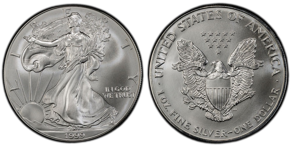 Grading strip showing 1999 American Silver Eagle across four condition tiers from worn to perfect MS70